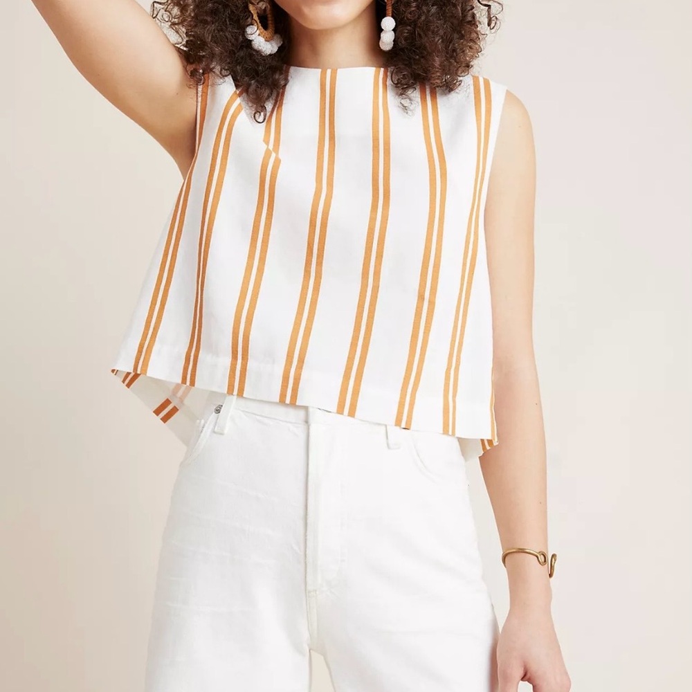 Sancia Linen Blend Tie Back Crop Tank Top Ivory Brown Stripe Size Large